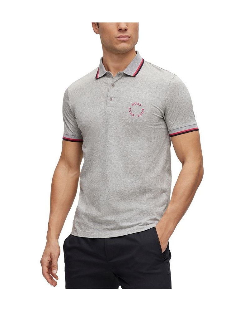 BOSS Men's Stretch-Cotton Slim-Fit Circular Branding Polo Shirt Gray $39.68 Polo Shirts