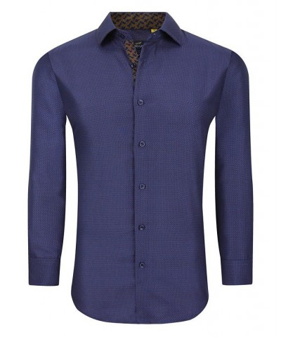 Men's Business Geometric Long Sleeve Button Down Shirt Blue $17.84 Dress Shirts