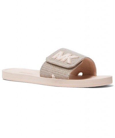 Women's MK Signature Logo Pool Slide Sandals Gold $29.90 Shoes