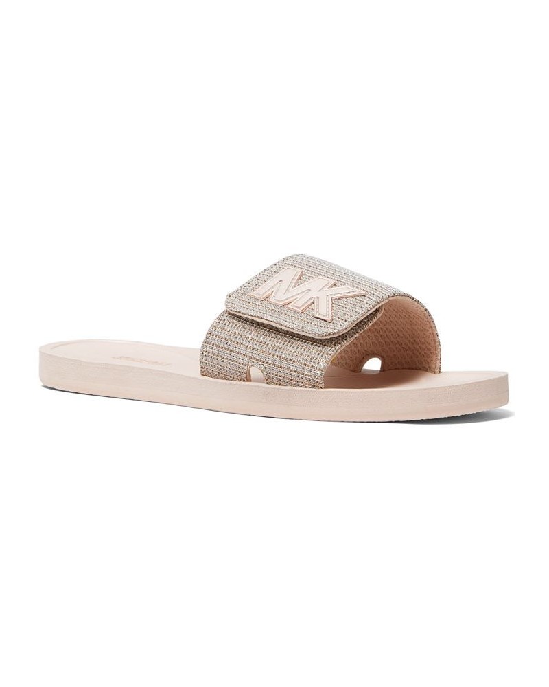 Women's MK Signature Logo Pool Slide Sandals Gold $29.90 Shoes