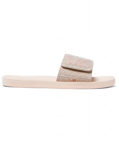 Women's MK Signature Logo Pool Slide Sandals Gold $29.90 Shoes