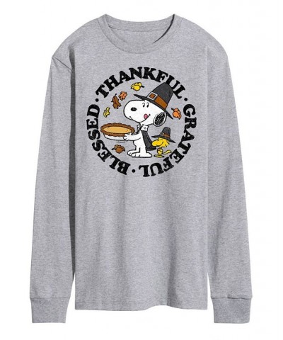 Men's Peanuts Thankful Grateful Blessed Long Sleeve T-shirt Gray $21.07 T-Shirts