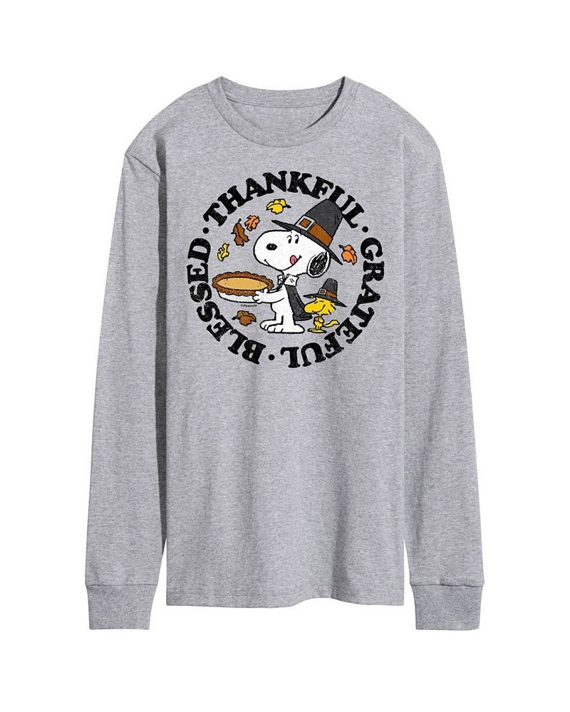 Men's Peanuts Thankful Grateful Blessed Long Sleeve T-shirt Gray $21.07 T-Shirts