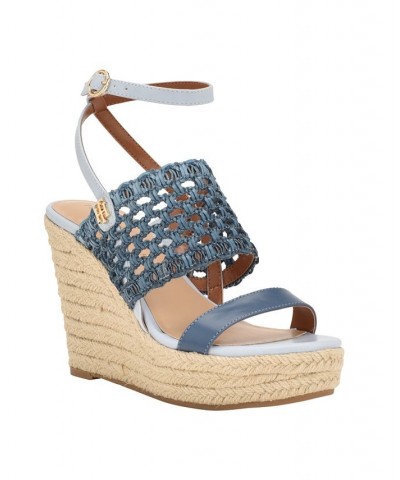 Women's Kalendar Wedge Platform Sandals Blue $51.48 Shoes