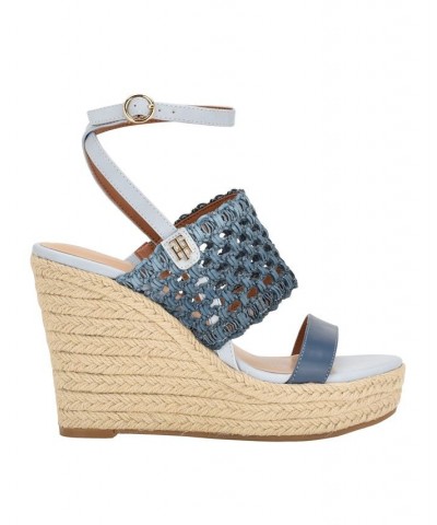 Women's Kalendar Wedge Platform Sandals Blue $51.48 Shoes