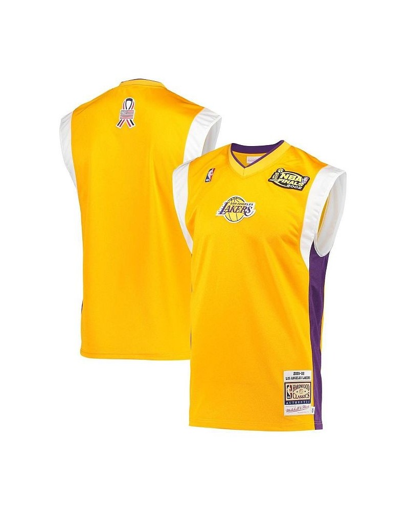 Men's Gold Los Angeles Lakers 2002 NBA Finals Hardwood Classics On-Court Authentic Sleeveless Shooting Shirt $37.08 T-Shirts