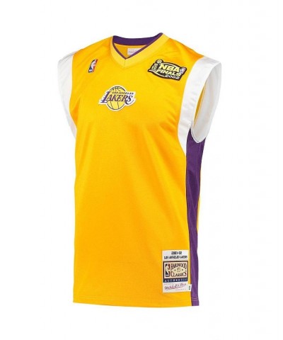 Men's Gold Los Angeles Lakers 2002 NBA Finals Hardwood Classics On-Court Authentic Sleeveless Shooting Shirt $37.08 T-Shirts