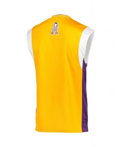 Men's Gold Los Angeles Lakers 2002 NBA Finals Hardwood Classics On-Court Authentic Sleeveless Shooting Shirt $37.08 T-Shirts