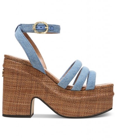 Tibby Raffia Platform Wedge Sandals Blue $48.00 Shoes