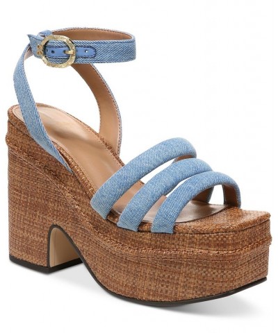 Tibby Raffia Platform Wedge Sandals Blue $48.00 Shoes