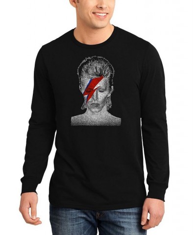 Men's David Bowie Aladdin Sane Word Art Long Sleeve T-shirt Black $19.60 T-Shirts