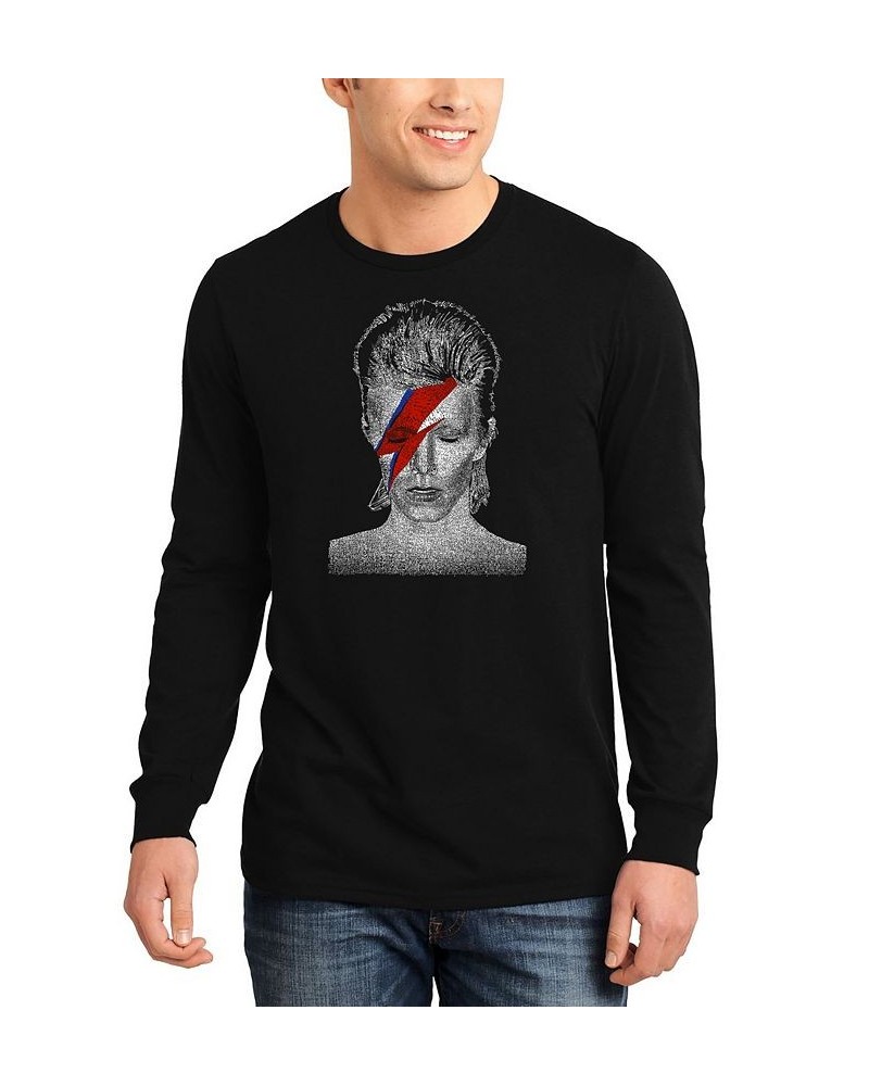 Men's David Bowie Aladdin Sane Word Art Long Sleeve T-shirt Black $19.60 T-Shirts