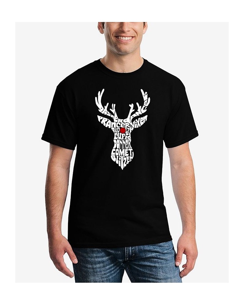 Men's Santa's Reindeer Word Art Short Sleeve T-shirt Black $16.80 T-Shirts