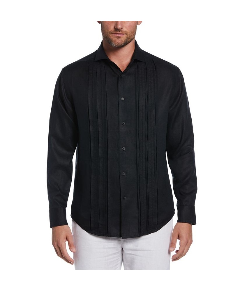 Men's Linen Triple Tuck Embroidered Long-Sleeve Panel Shirt Black $32.40 Shirts