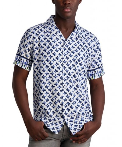 Men's Slim-Fit Tie-Dyed Floral-Print Button-Down Camp Shirt Blue $45.87 Shirts