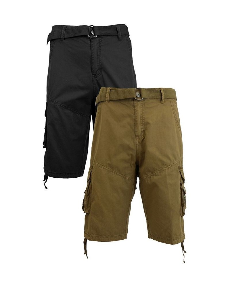 Men's Belted Cargo Shorts with Twill Flat Front Washed Utility Pockets, Pack of 2 Black and Timber $34.30 Shorts